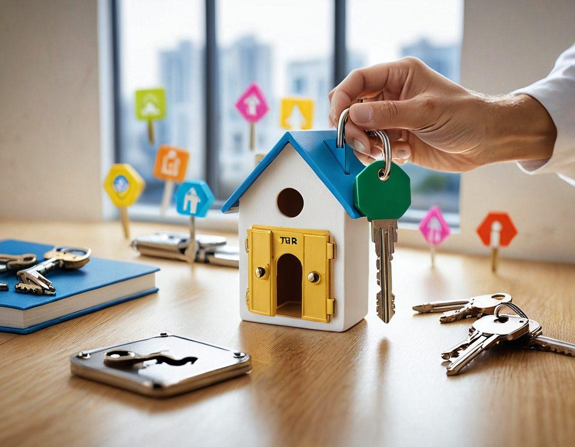 A key unlocking a house-shaped lock, surrounded by various housing icons like for sale signs, and contracts, symbolizing market secrets. In the background, a diverse group of tenants discussing and sharing tips with bright light shining through a window. super-realistic. vibrant colors. white background.