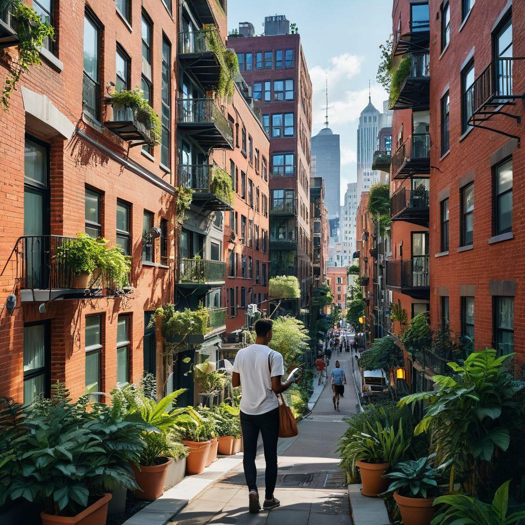 A vibrant cityscape showcasing diverse apartment buildings, with a person exploring the streets holding a map and a smartphone. Include elements of greenery like rooftop gardens and street plants to signify the 'urban jungle' concept. Add subtle icons or symbols representing tips like budget, neighbor relations, and rental contracts around the scene. The color palette should be lively and bright, evoking a sense of adventure and discovery. super-realistic. vibrant colors. white background.