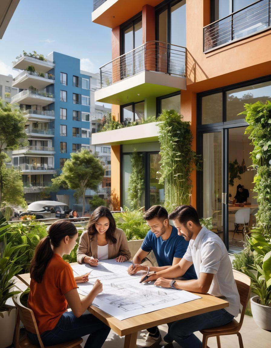 A vibrant urban skyline showcasing a mix of apartments and homes, with people engaged in various activities such as signing lease agreements and working on home improvement projects. In the foreground, diverse individuals are discussing plans over blueprints, surrounded by plants and home decor items. Bright colors and dynamic angles to illustrate the energy of urban living. super-realistic. vibrant colors.